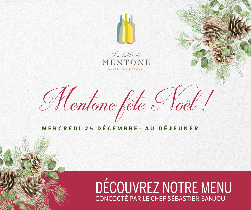 Menu de Noel à Mentone le mercredi 25 décembre au déjeuner